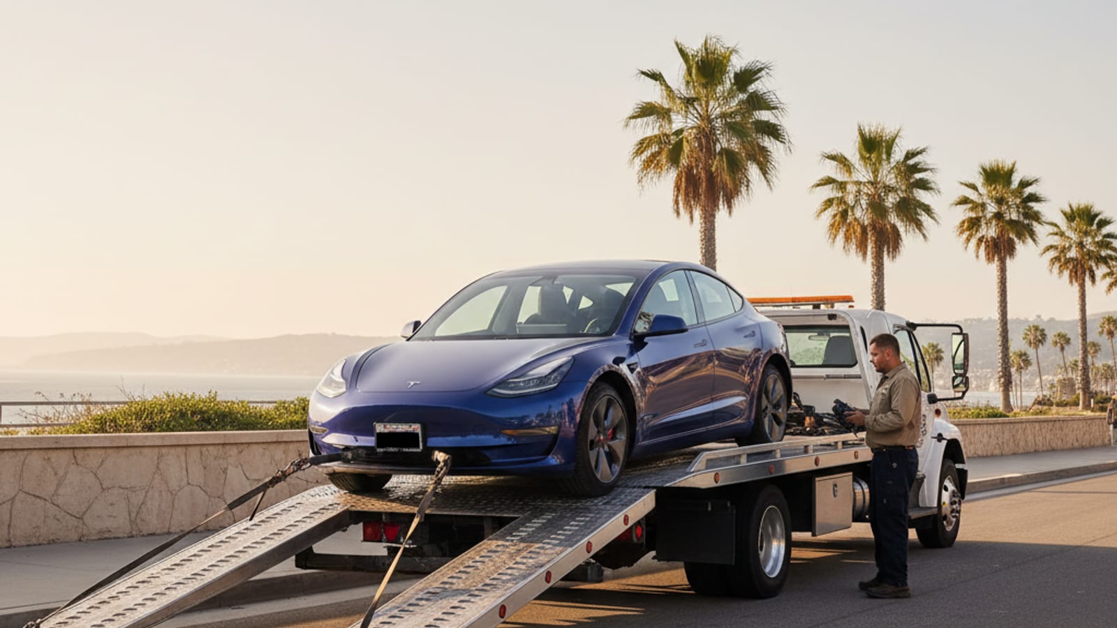 A stalled EV sits on a paved shoulder with its charge port closed and hazards flashing