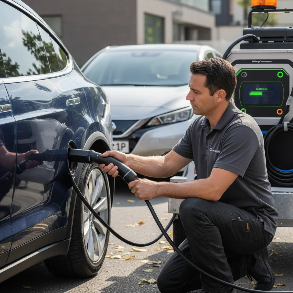 A roadside helper holds jumper cables beside an EV with no charging lead connected