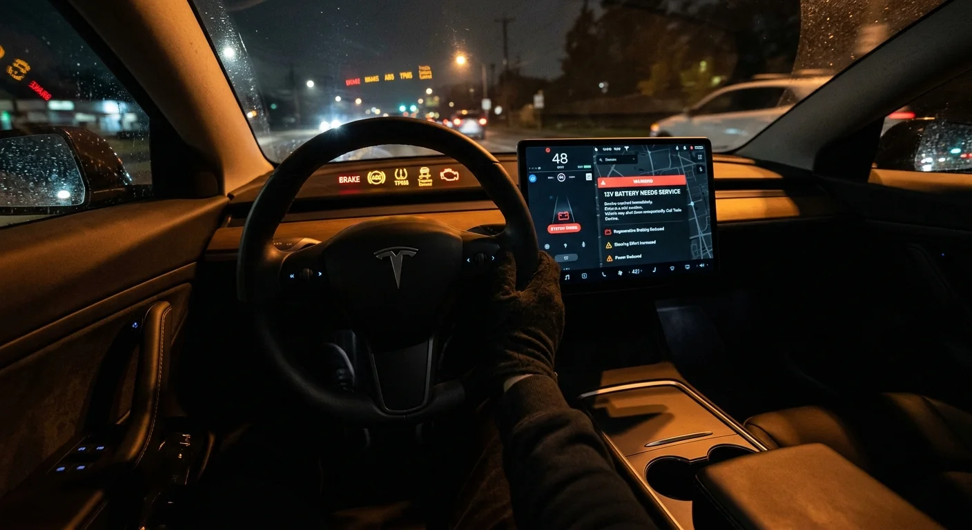 EV dashboard warning that the 12-volt battery needs service