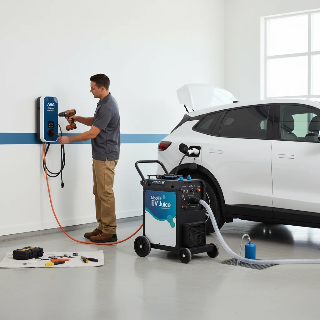 Flatbed loading an EV on the left, a charging van plugged into an EV on the right