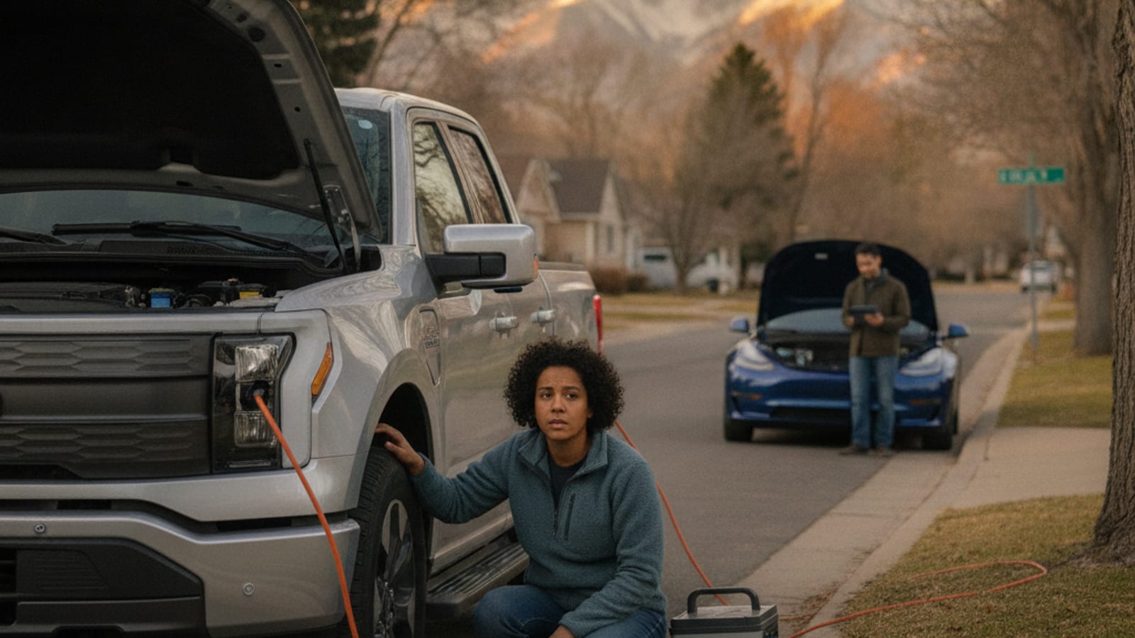 A garage wall with a home backup battery on one side and a separate EV parked at the curb