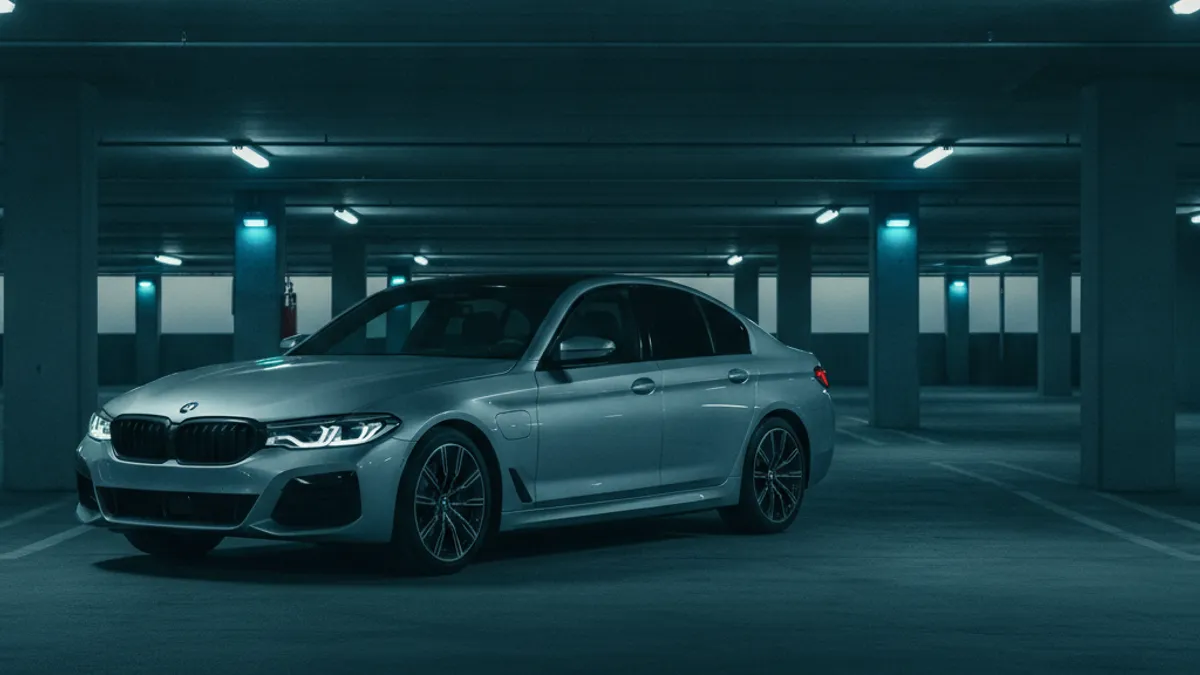 A dark sedan in a parking garage with an unlit dashboard after a long sit
