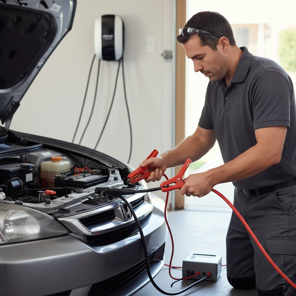 Close-up of jumper cable clamps near a 12-volt battery on a car at the roadside