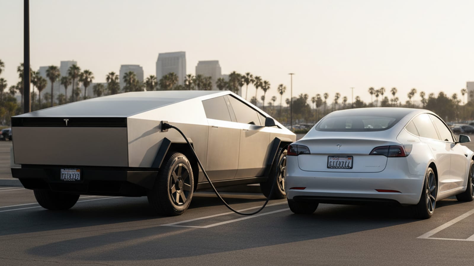 Two electric vehicles on a freeway shoulder with a charging cable between them