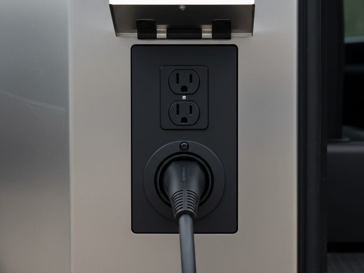 Close-up of a 240-volt truck-bed outlet with a charging cable plugged in