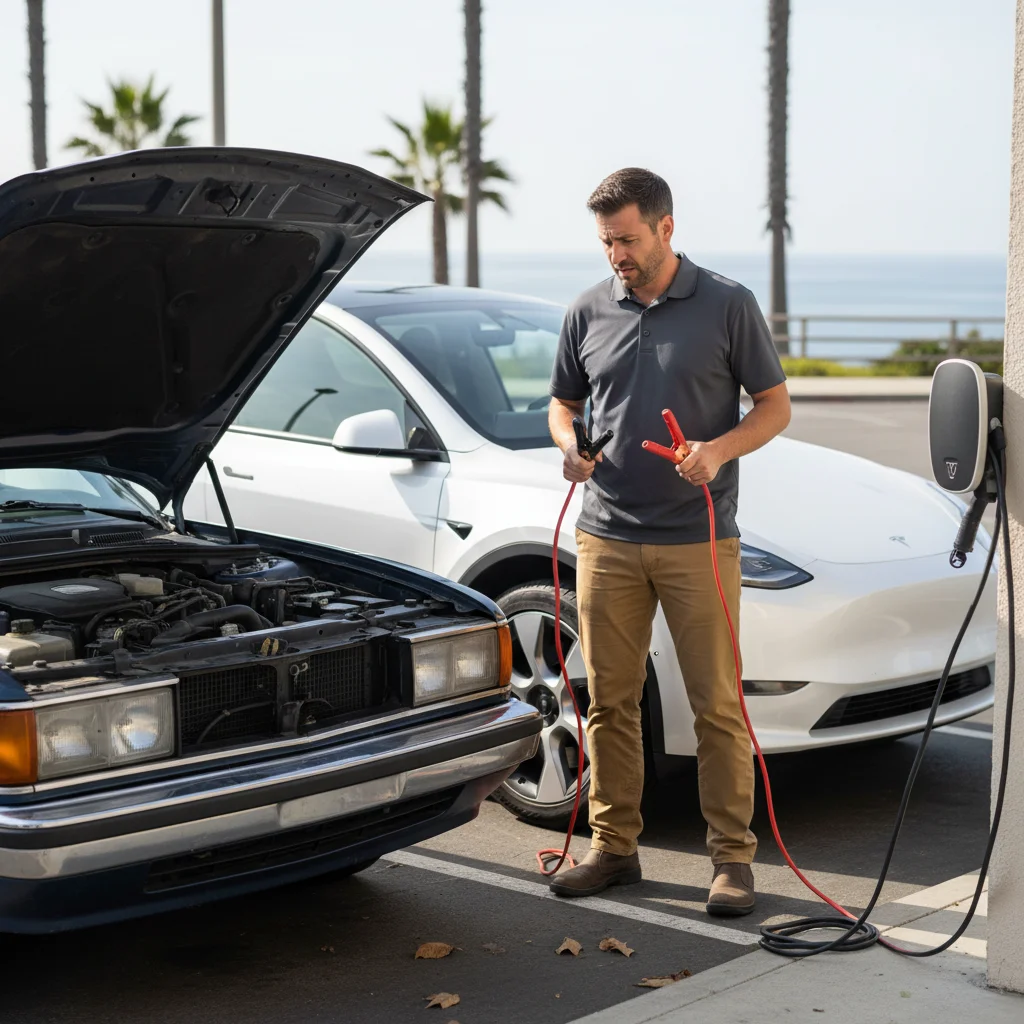 Driver holding jumper cables beside a sedan with its hood raised and a Tesla parked next to it