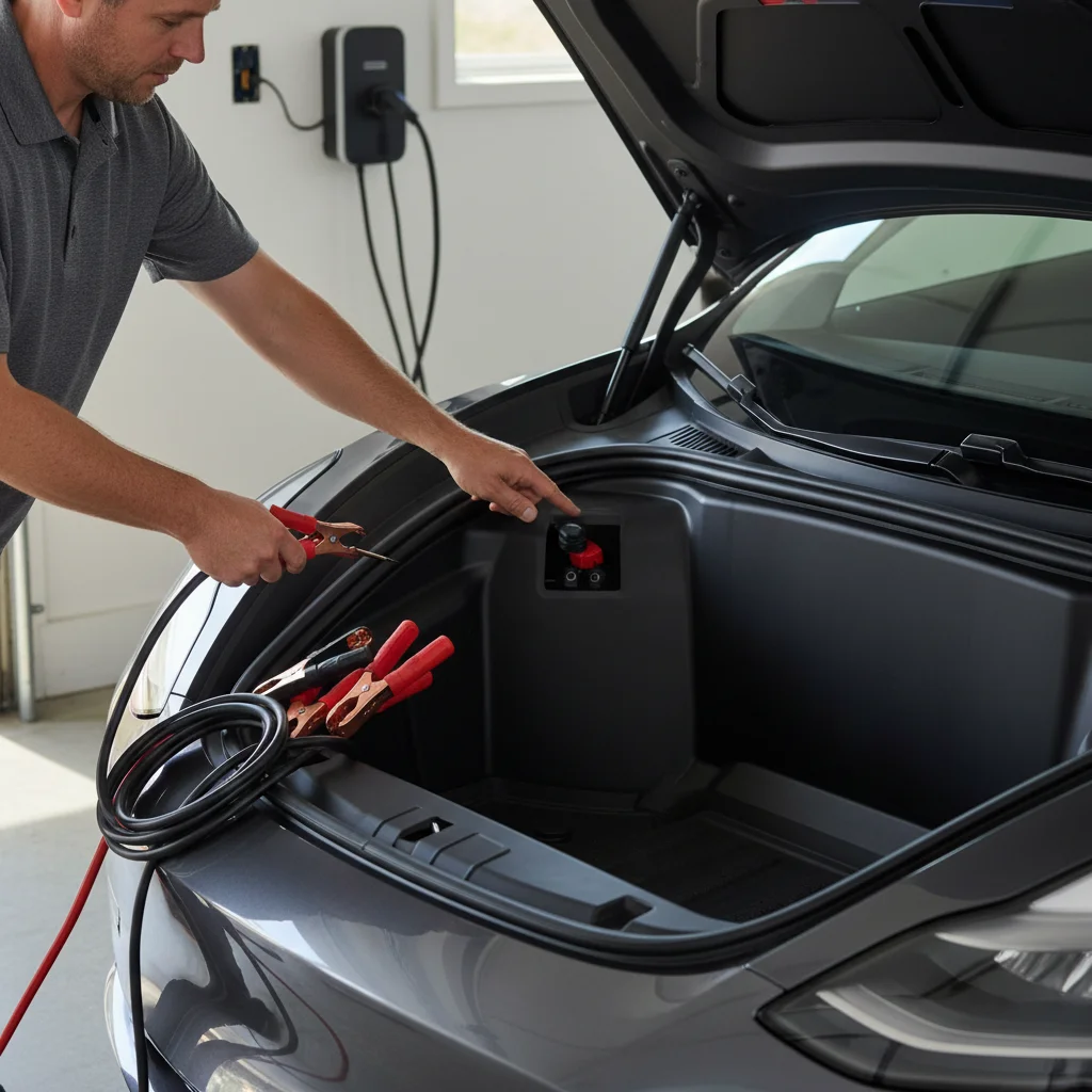 Jumper cables resting near an open frunk panel with 12-volt terminals visible