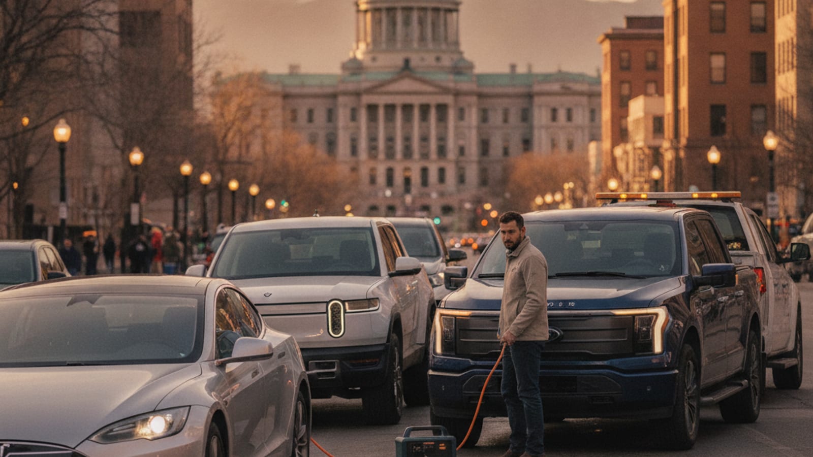 A street-parked electric vehicle on a Capitol Hill block with no charging cable attached and a low battery on the dash