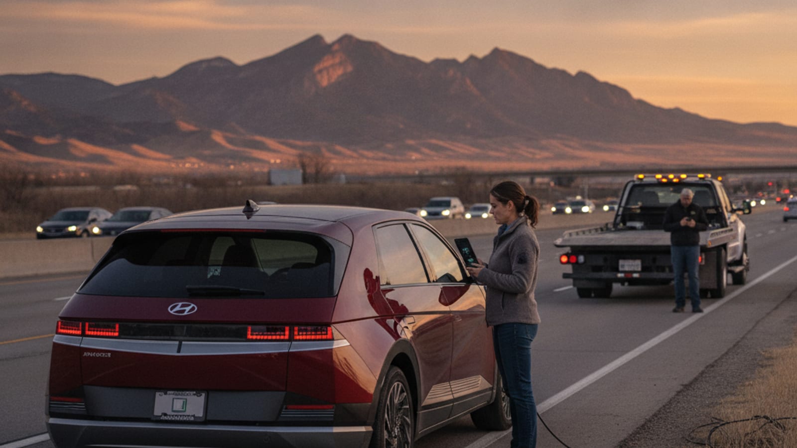 An EV sits at the outside shoulder with hazards flashing and a Level 2 cable running from a roadside truck