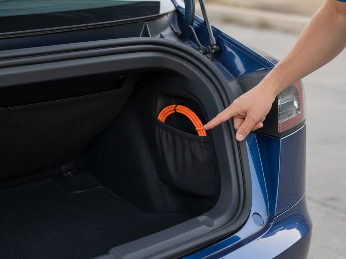 A driver reaching behind cargo trim for a manual charge-port release cable