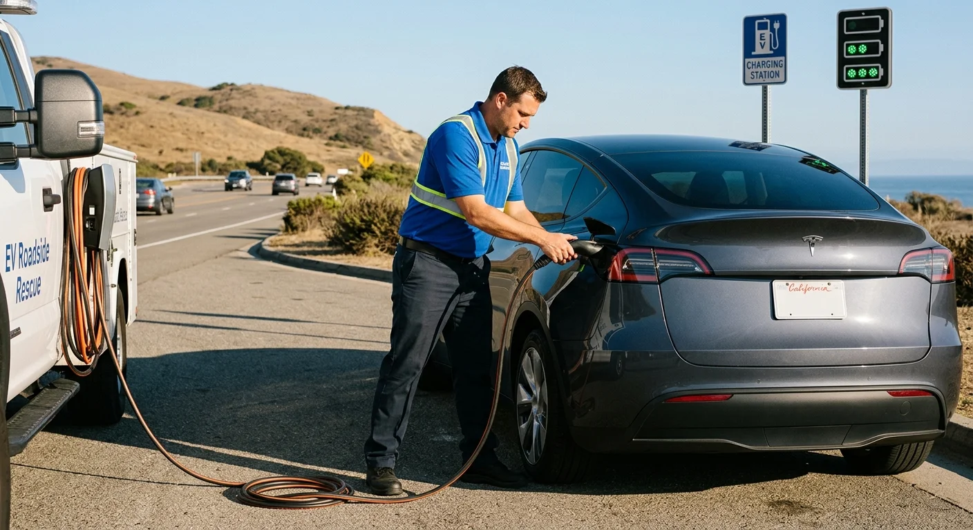 An electric car parked on a paved shoulder with a charging cable on the ground