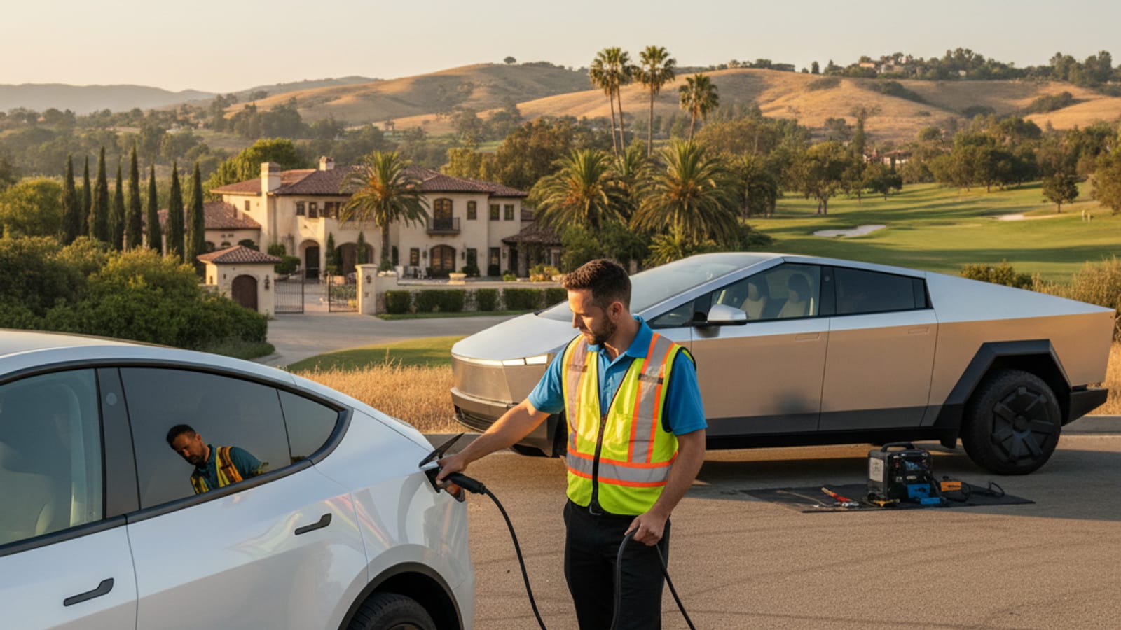 Electric vehicle parked on a paved shoulder with the charge port door open