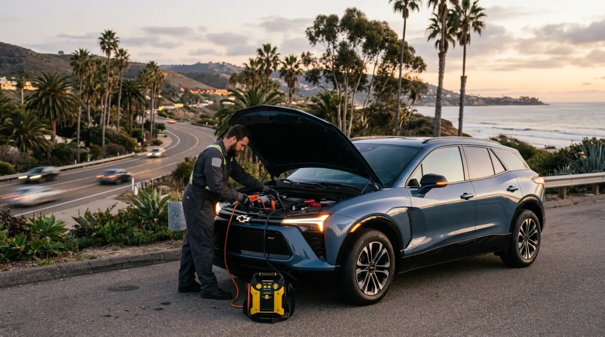A roadside operator parked beside a dark Chevy Blazer EV on a paved shoulder