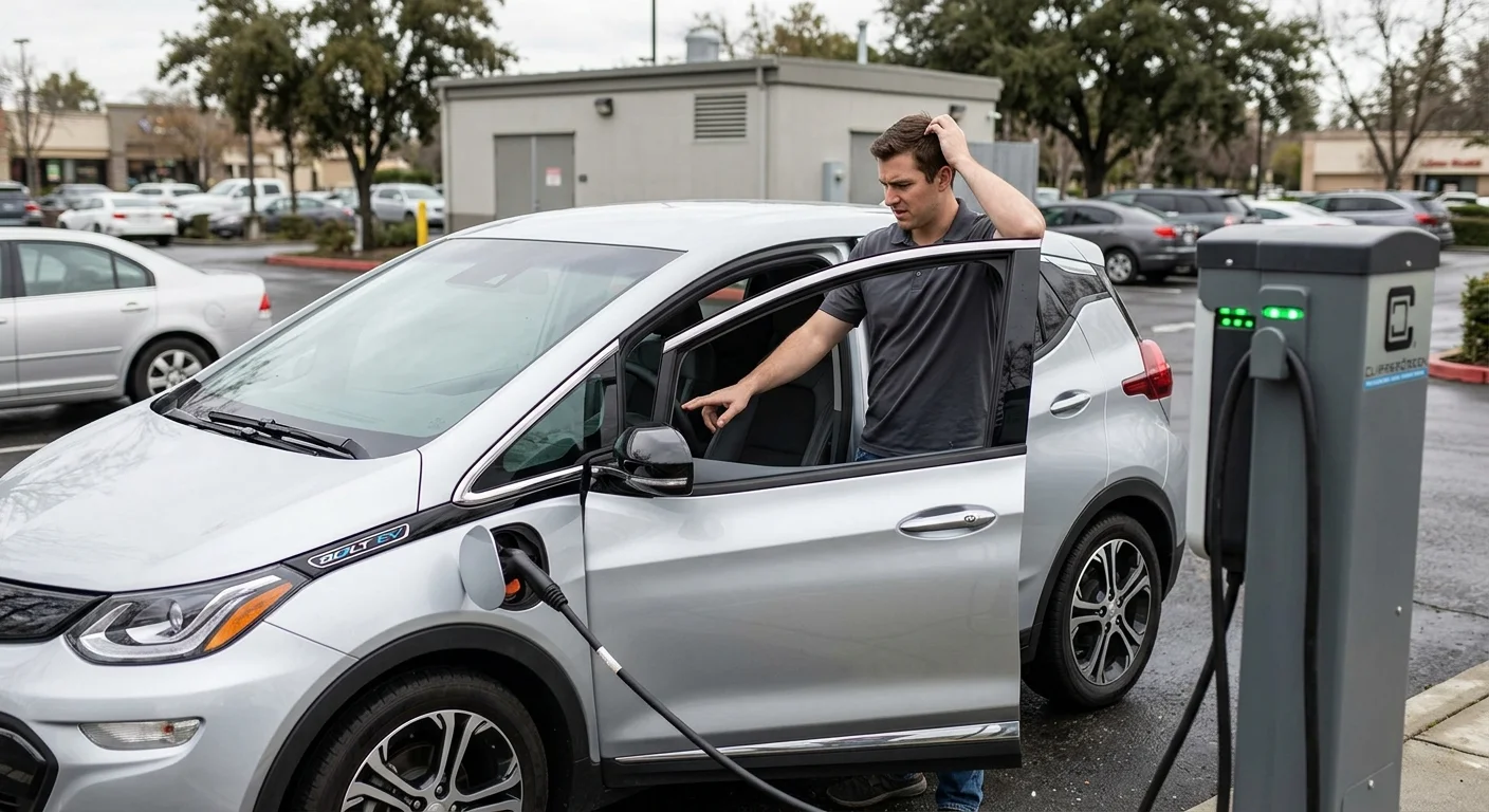 Driver in a compact hatchback EV checking a dark charging display with a public cable in the port.