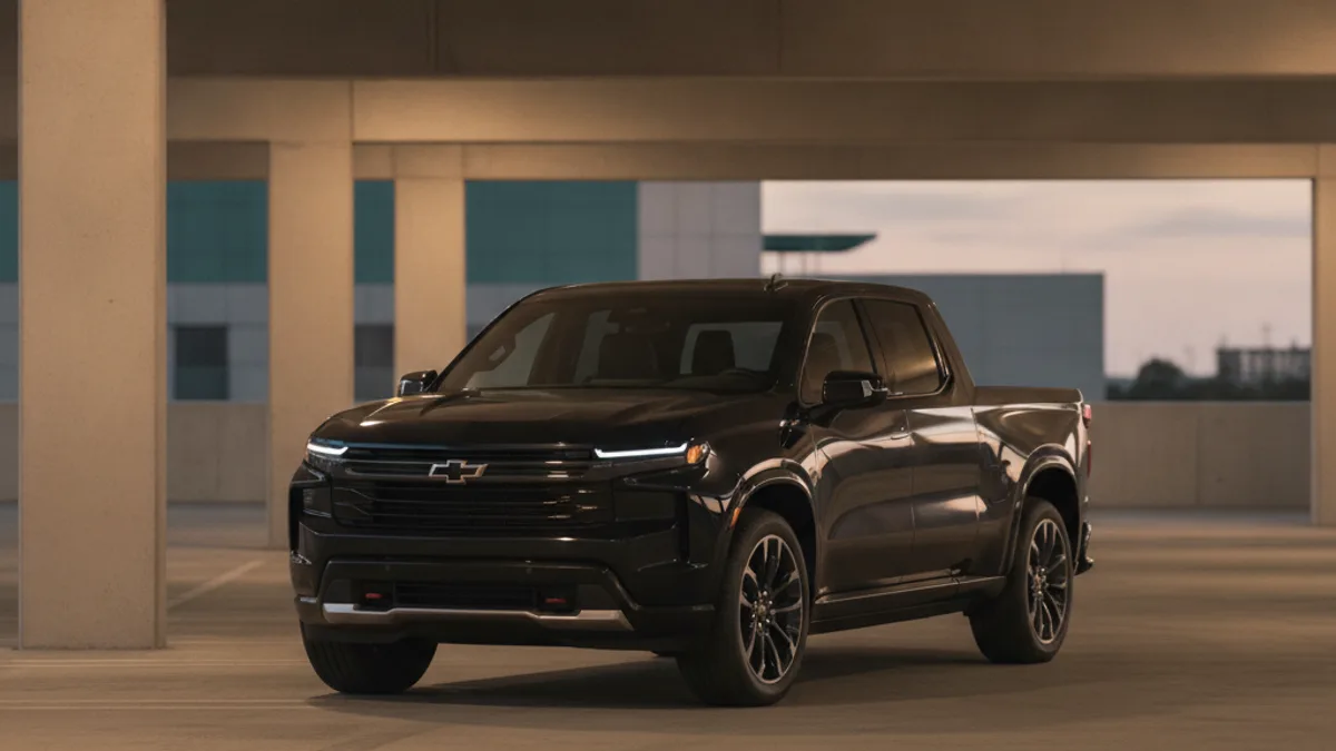 A Chevy Silverado EV parked overnight with a dark cabin and no dash lights