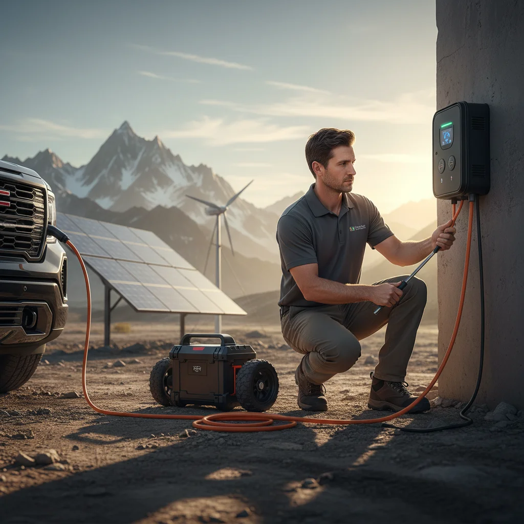 A technician connecting a portable charger to a stalled electric delivery van on the roadside