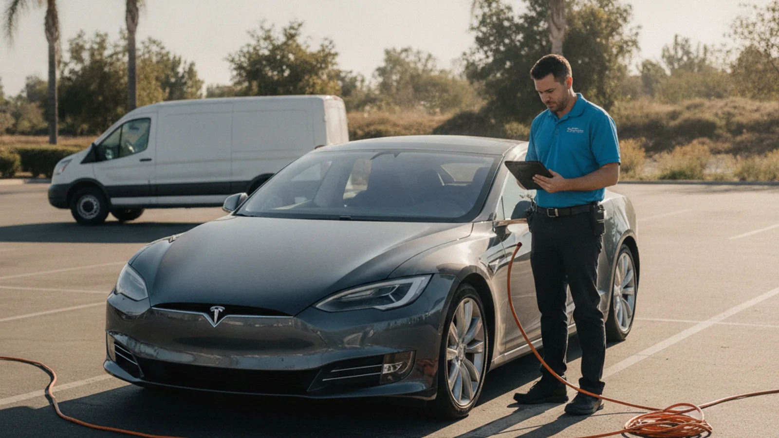 Several parked Tesla vehicles with a simple icon marking a low-voltage battery