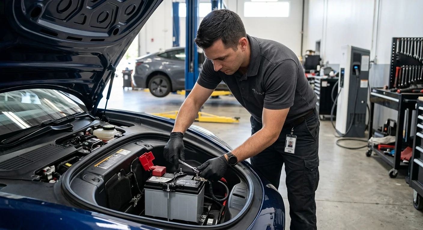 A technician wearing gloves disconnects the terminals of a 12-volt battery under an electric vehicle's frunk