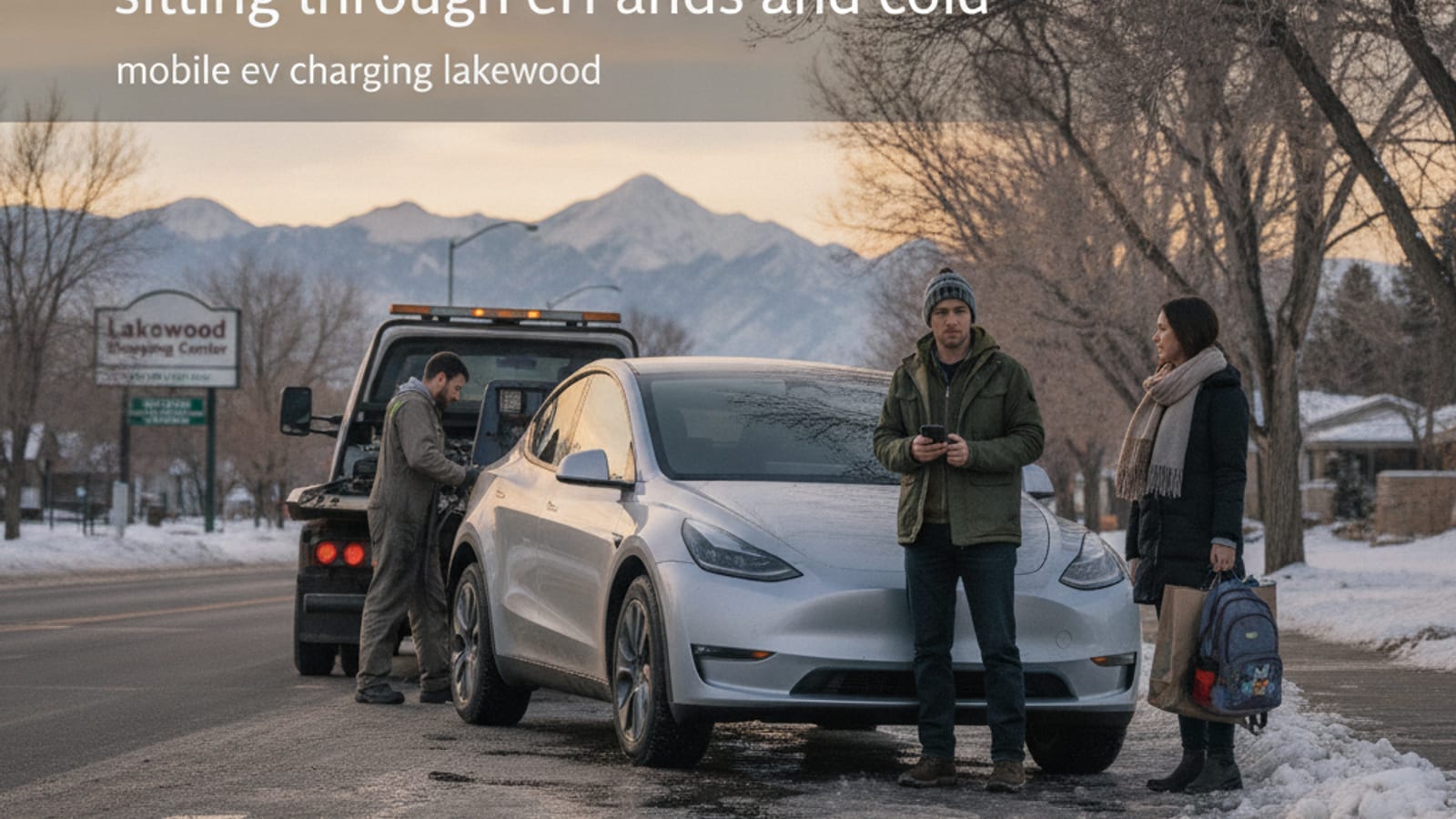A stranded electric vehicle in a Lakewood parking lot with its hazards flashing