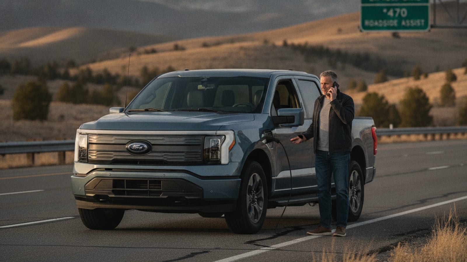An electric vehicle pulled onto the outside shoulder of E-470 with hazard lights flashing