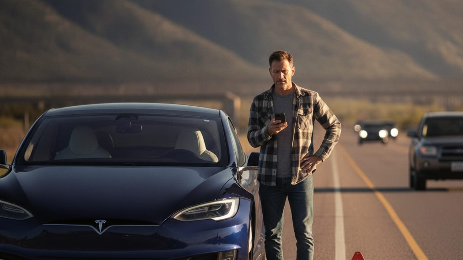 An electric car sits on the shoulder of a Colorado interstate with hazards flashing