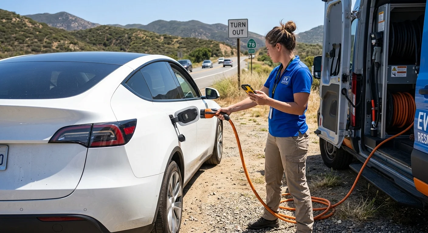 Electric vehicle on a paved shoulder with lights on while a driver waits nearby