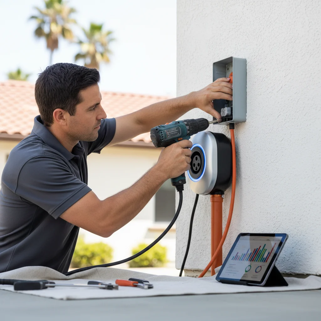 A charging cable plugged into a passenger EV next to a service van