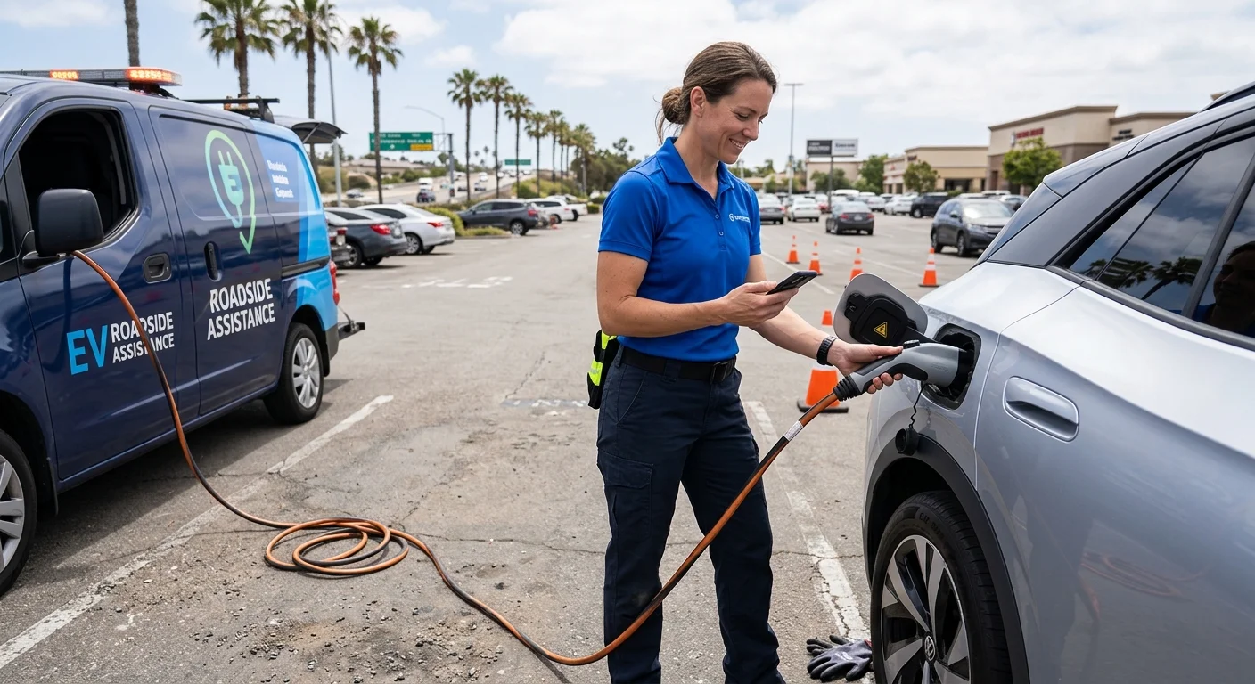 A driver beside a parked EV checks a phone, with a public charging stall behind them