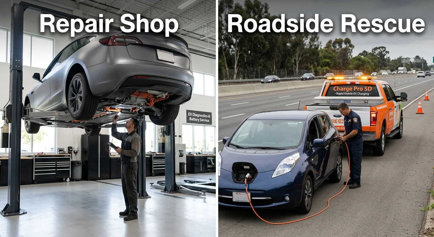 Split photo of an electric car on a shop lift and a roadside operator charging a stranded EV on a shoulder.