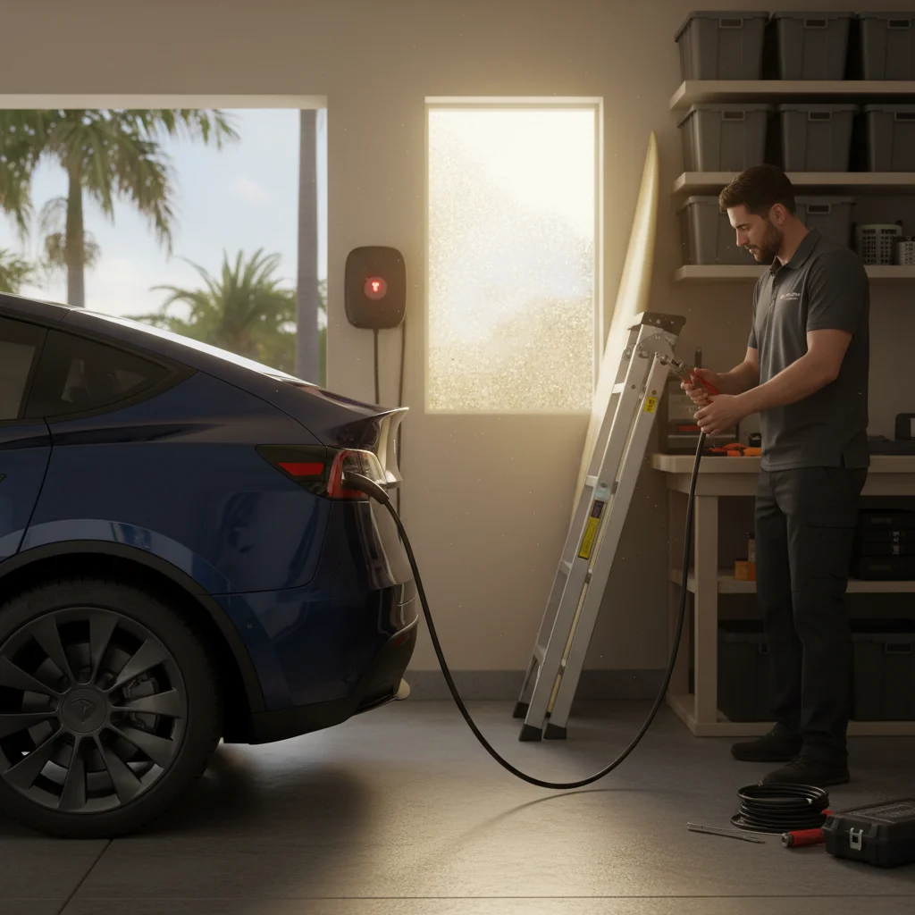 A mobile charging cable connected to an EV parked along a residential curb