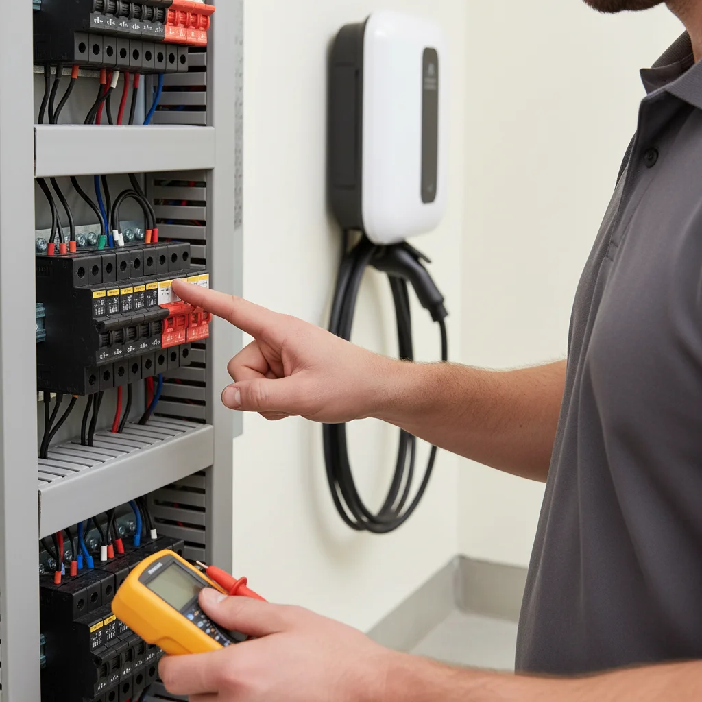 A person checking a garage wall charger screen next to a parked EV