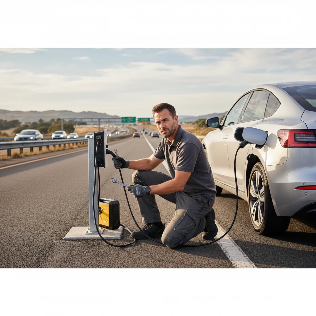 A stranded EV with hazard lights on a freeway shoulder as traffic moves past
