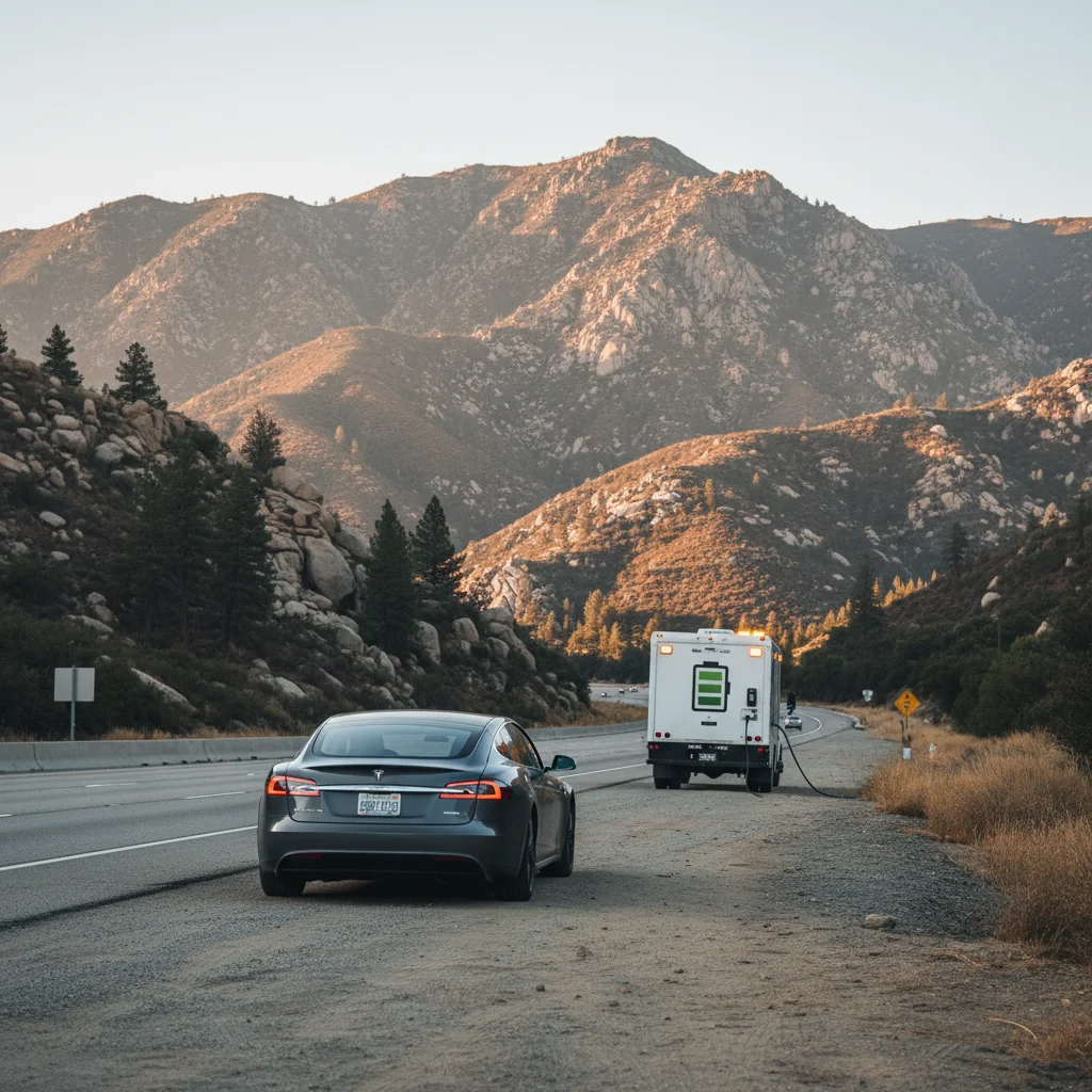 An electric car stopped on a highway shoulder with hazard lights on while a driver waits beside it