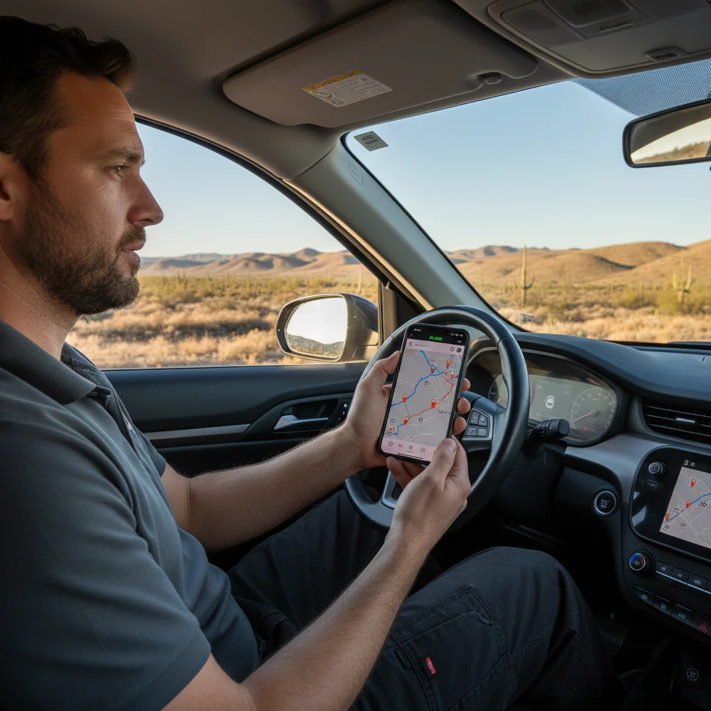 A driver standing beside a parked EV on a highway shoulder, looking down at a phone