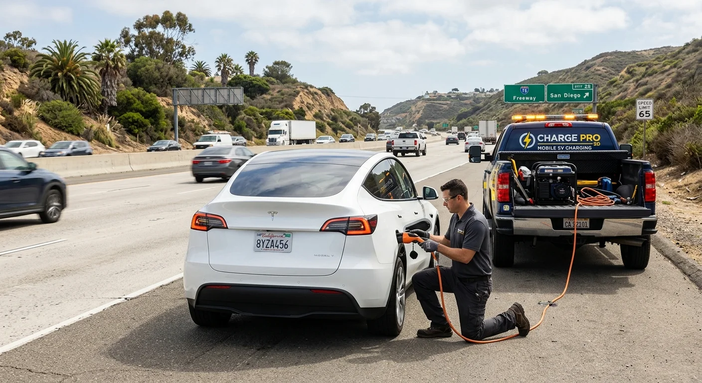 A Tesla on a freeway shoulder with a mobile charging truck parked behind it