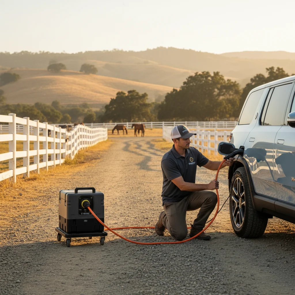 A technician plugging a portable charger into an electric SUV on a rural driveway