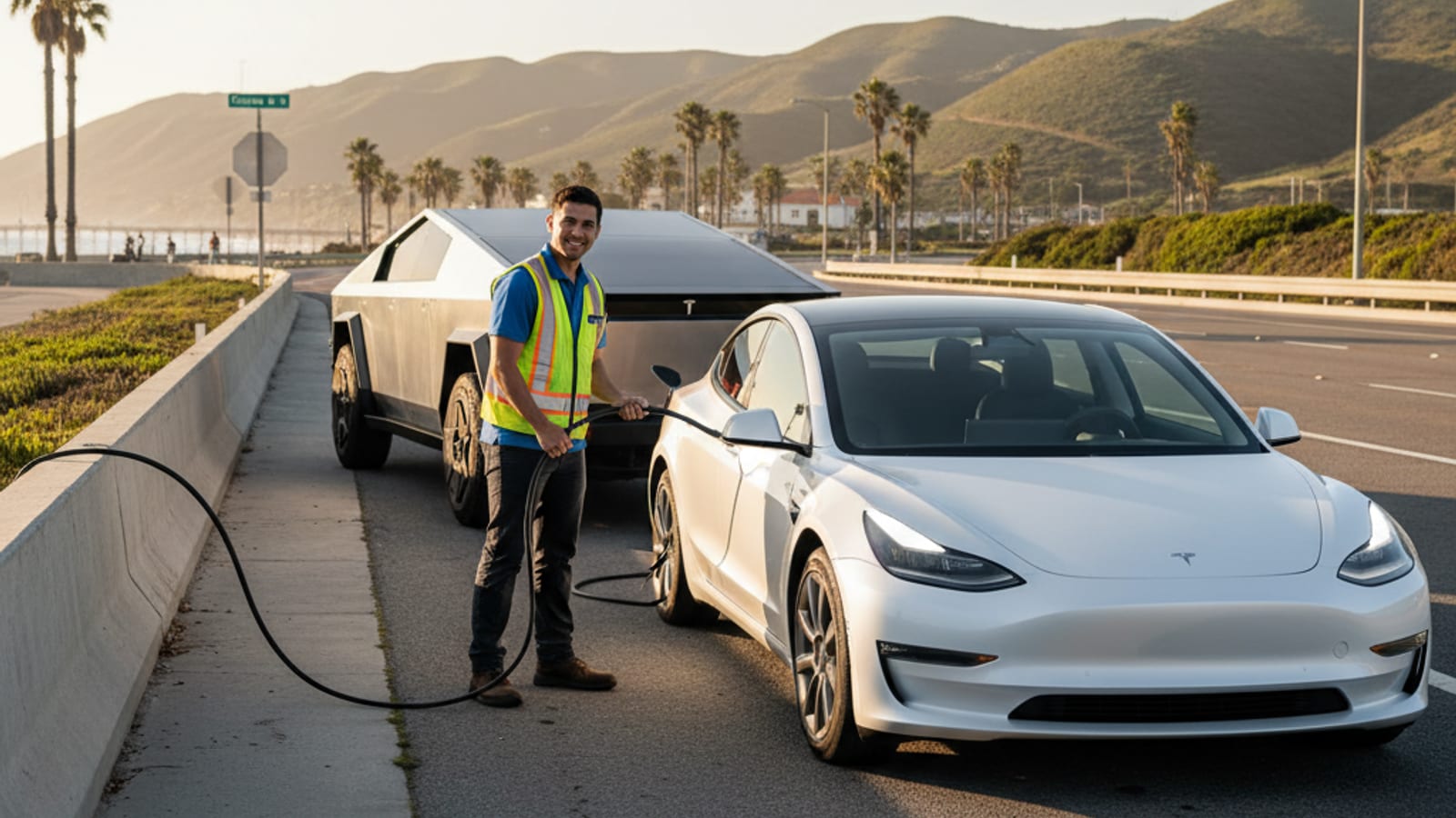 Electric car parked on a paved freeway shoulder with hazard lights on