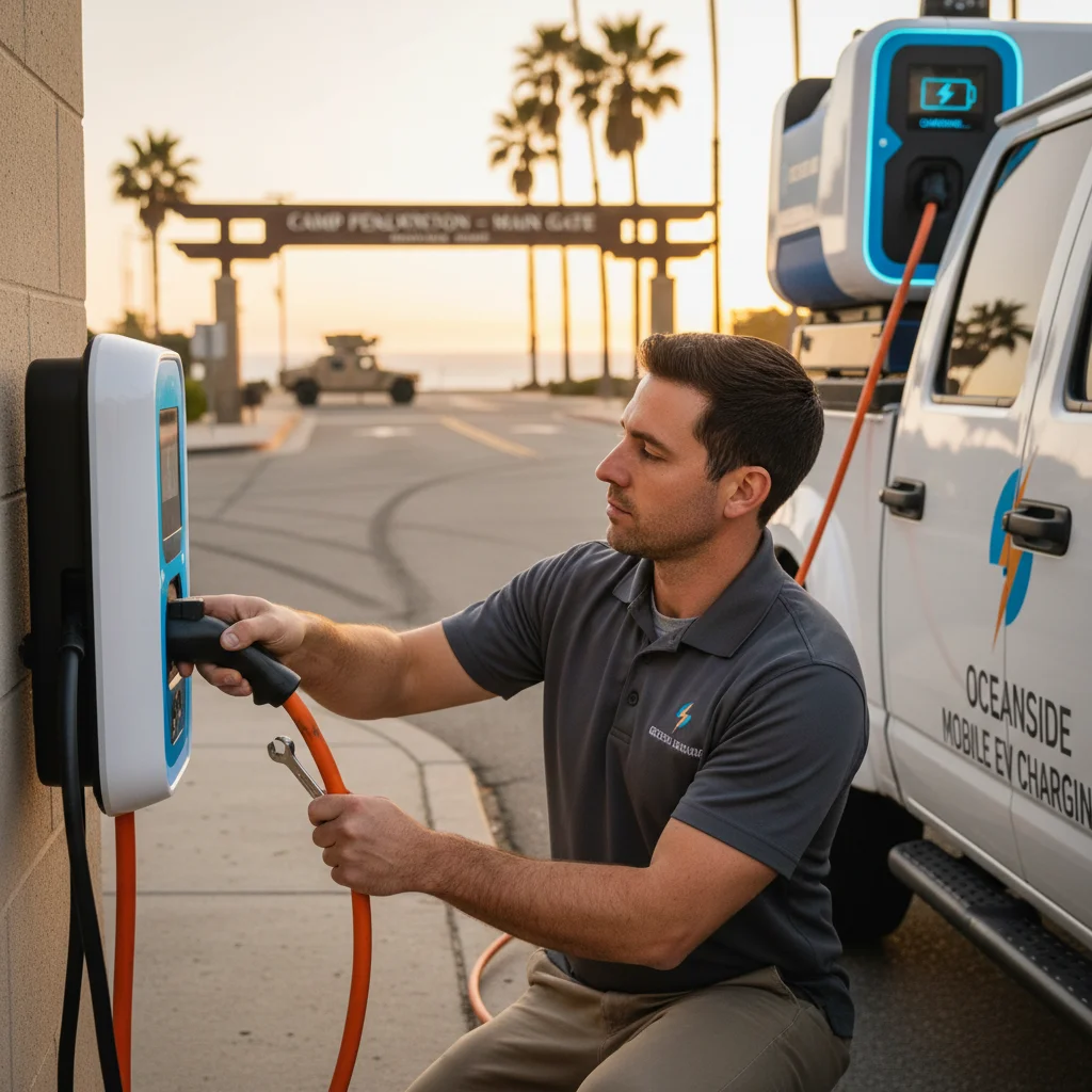 Charging cable plugged into an EV next to a mobile rescue vehicle