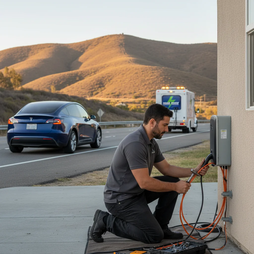 A dark EV on a paved shoulder with a charging cable plugged into its port