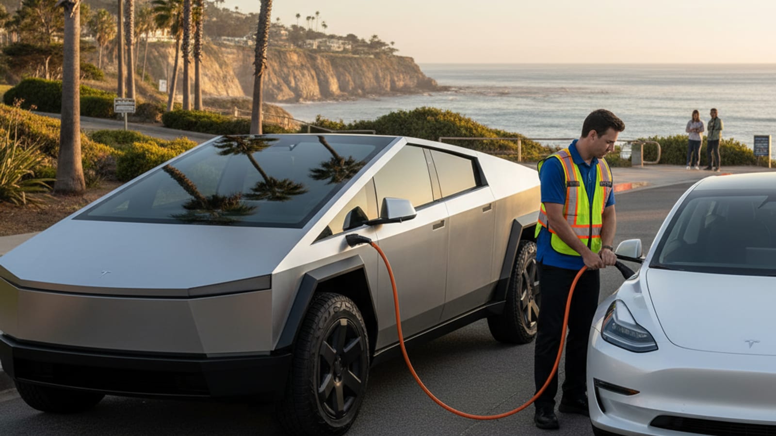 A dark electric car parked on a quiet residential street while a helper connects a cable at the charge port