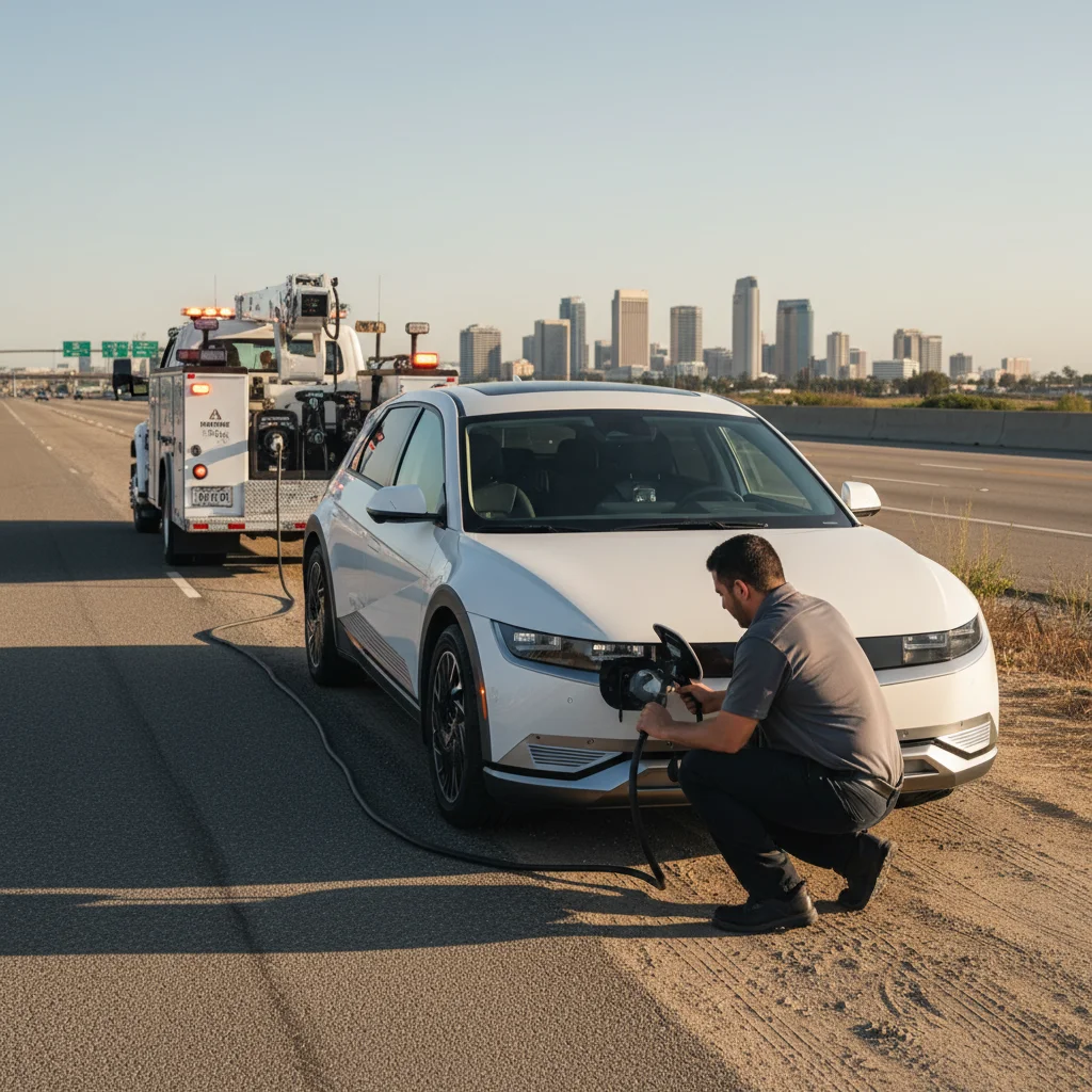 Electric car stopped on a highway shoulder with hazard lights on while a driver waits beside it
