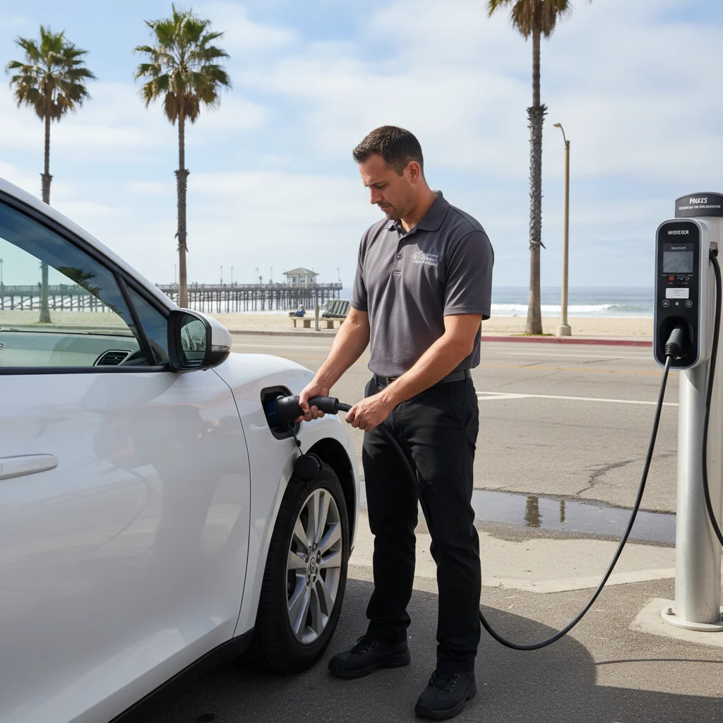 Technician connecting a mobile charger cable to an electric vehicle parked along a curb