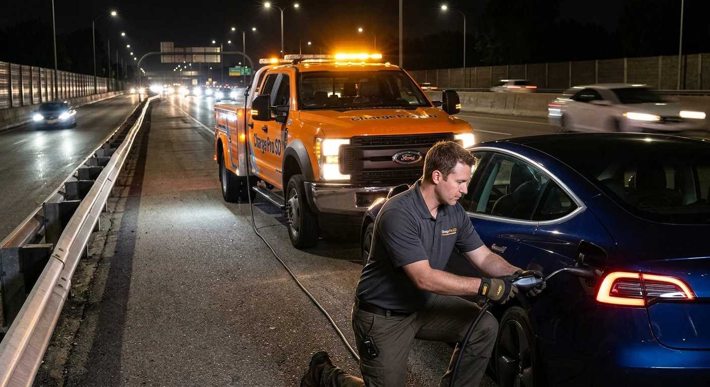 A stalled electric car on a dark highway shoulder at night, with a rescue truck lighting the scene from behind