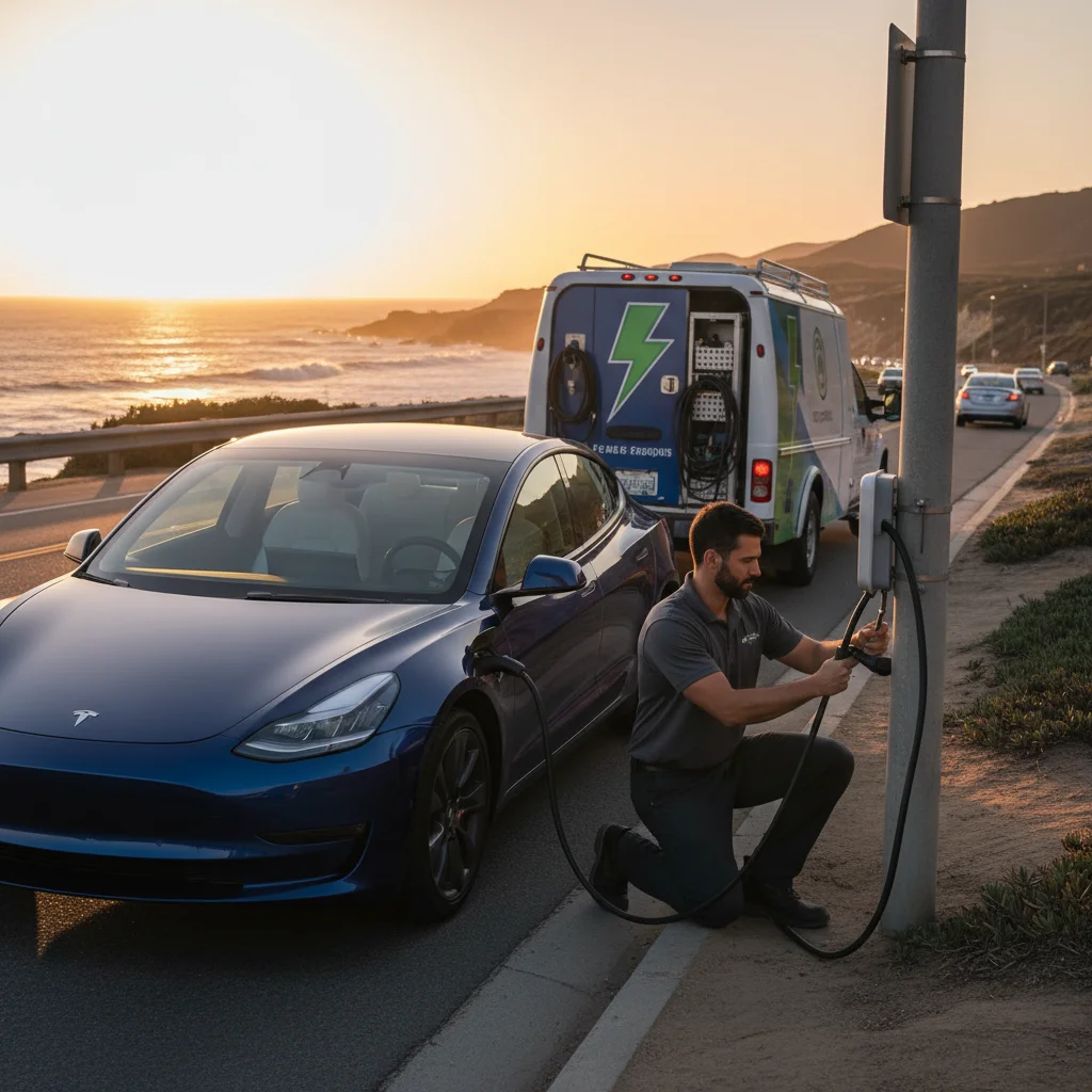 An EV parked along a residential curb as a mobile charging van pulls up at first light