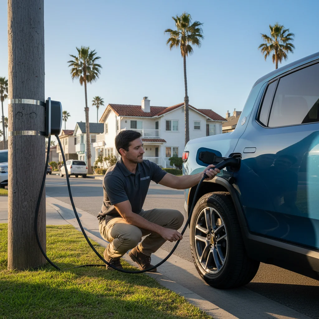A technician plugging a charging cable into an EV on a parked residential street