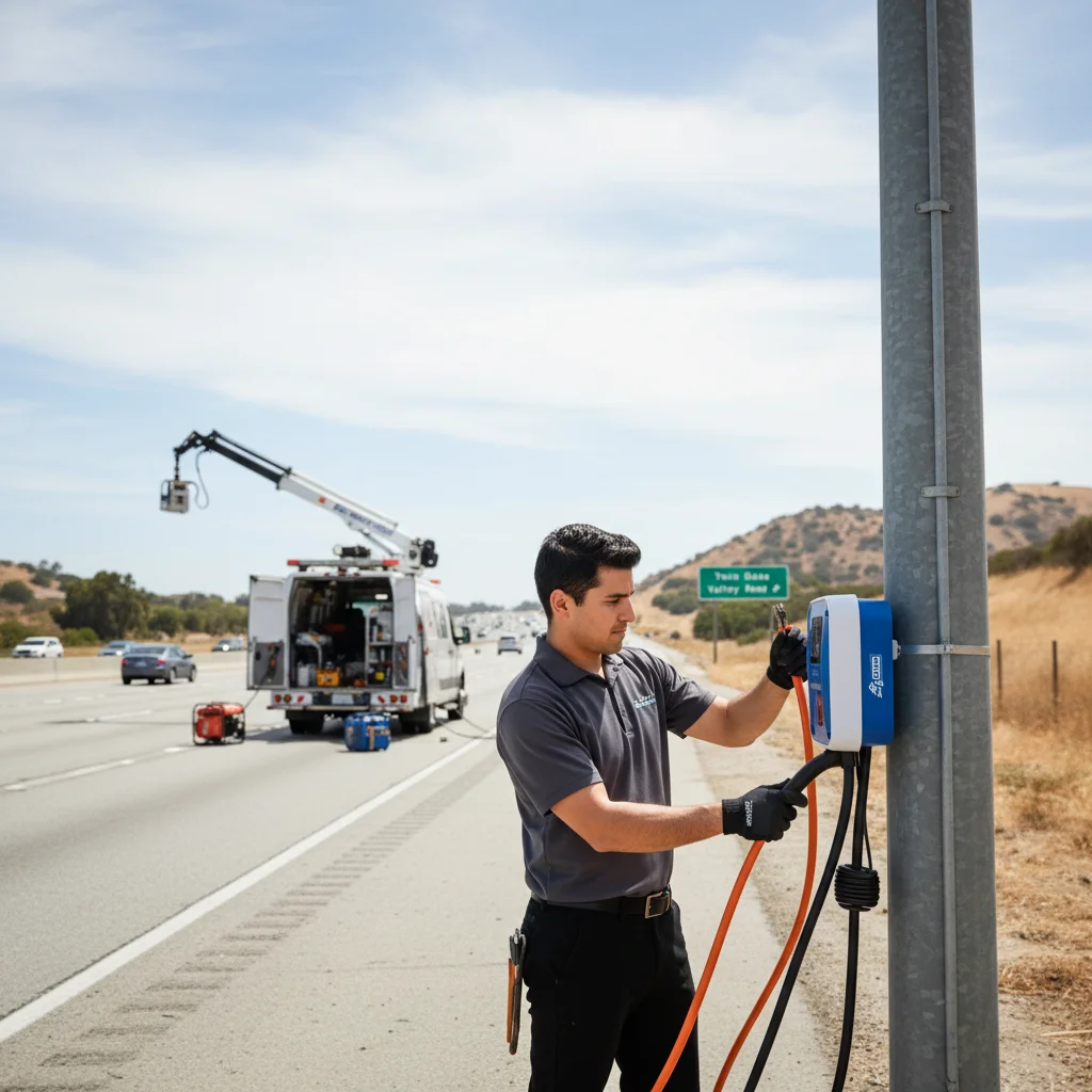 An electric car stopped on a paved shoulder with hazard lights on