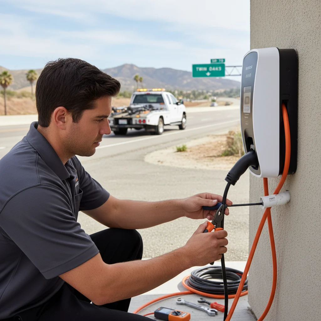 A technician plugging a portable charger into an EV on a residential street