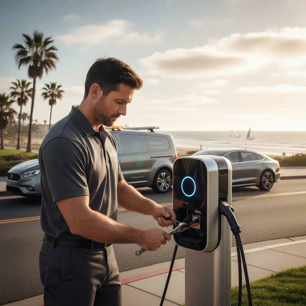 An electric car on a paved shoulder with a mobile charging van parked behind it and a cable at the charge port