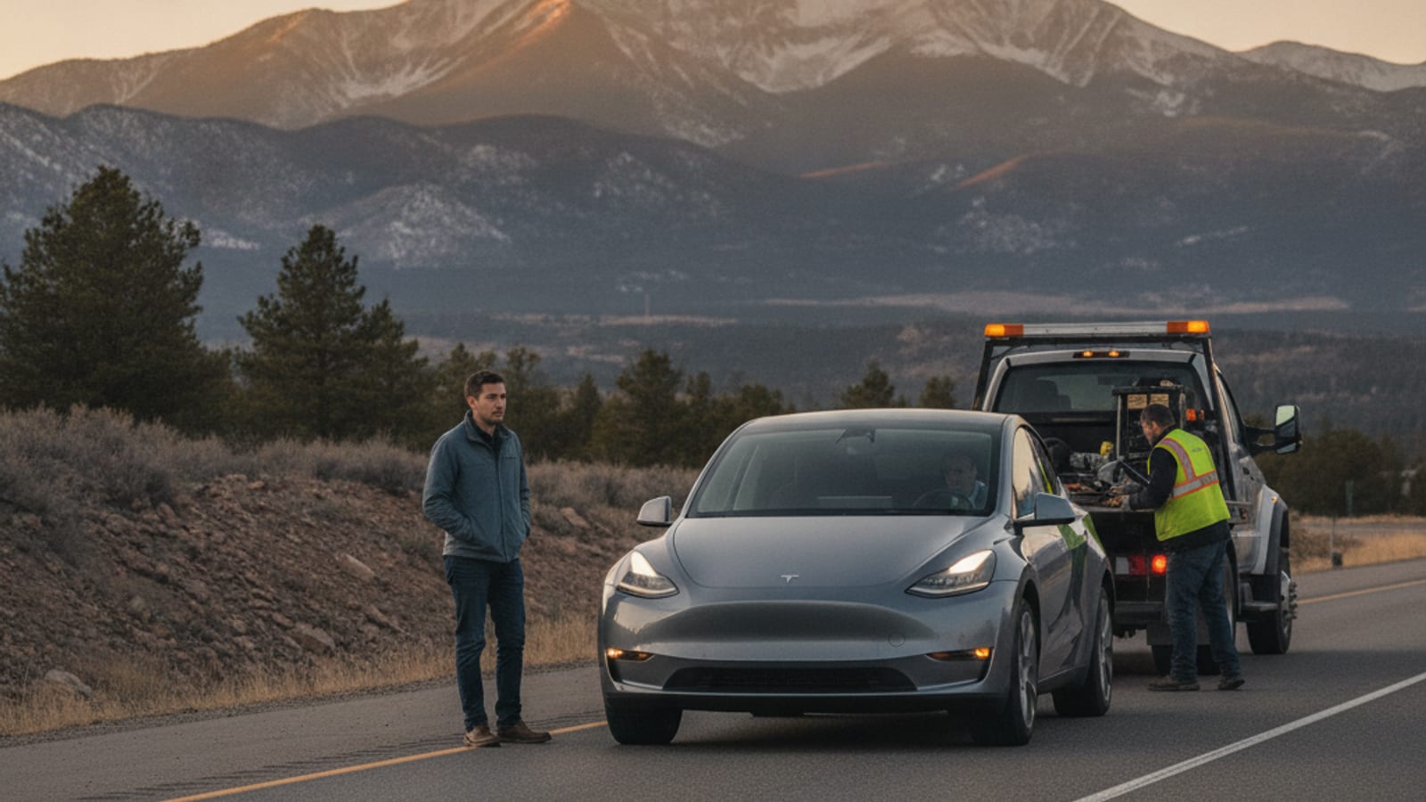 A Tesla Model Y on the shoulder of I-70 near Georgetown with the Eisenhower Tunnel climb ahead