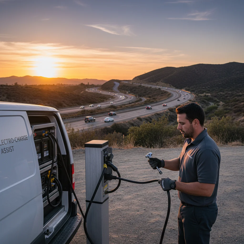 An EV stopped on a paved shoulder as a service van with charging gear pulls up behind it